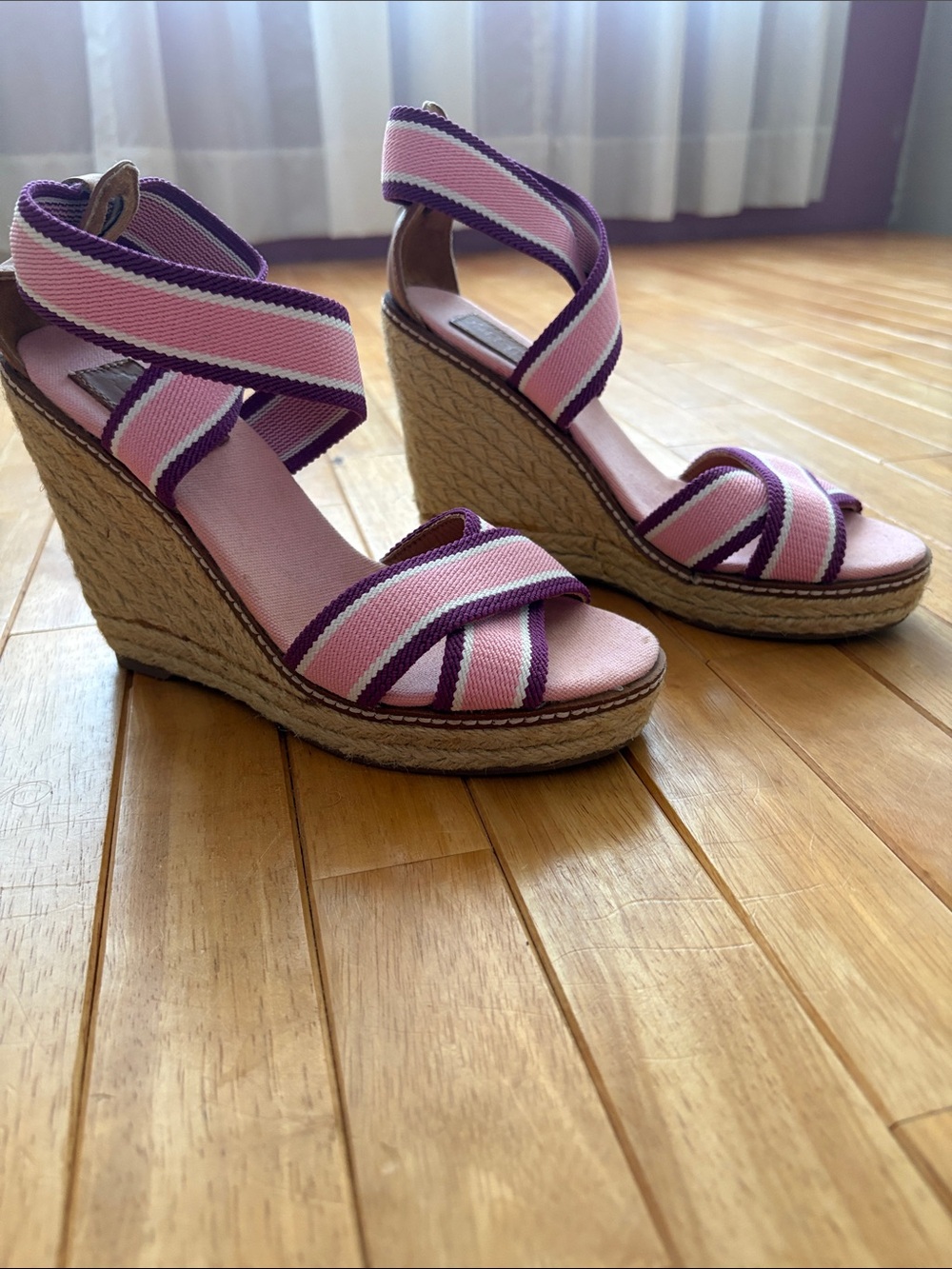 Pink & Purple Striped Wedge Sandals - Women's Espadrille Heels